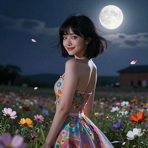 Photograph of an Asian woman with short black hair, wearing a colorful floral dress, standing in a moonlit flower field, smiling at the camera.