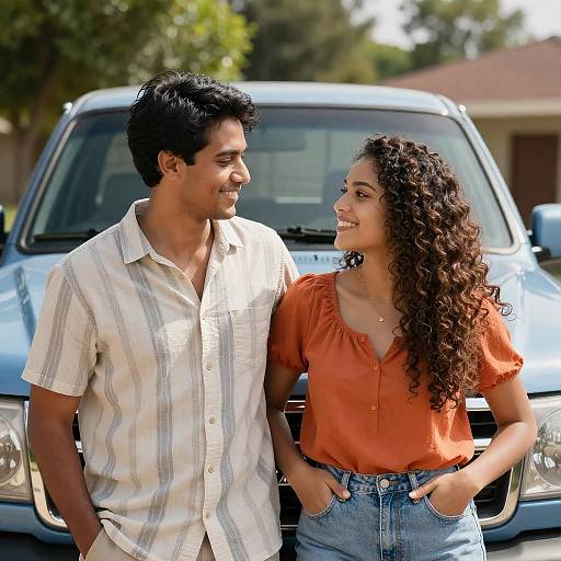 Joyful Couple by Light Blue Pickup Truck
