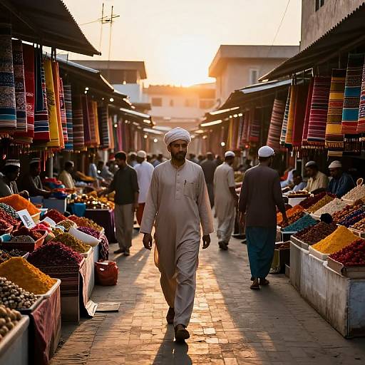 Photograph of a sunlit, bustling Middle Eastern market, featuring a bearded man in white traditional attire walking down a colorful spice aisle with vibrant textiles