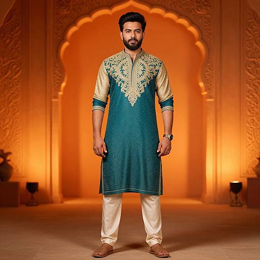 Photograph of a bearded man in a teal and gold embroidered traditional Punjabi kurta, white pants, and brown sandals, standing in a warmly
