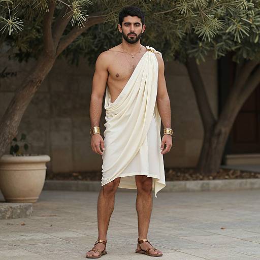 Photograph of a bearded, dark-haired man in a white ancient Greek-style toga, gold bracelets, and sandals, standing in a shaded courtyard