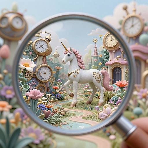 Photograph of a whimsical, fairy-tale garden with a white unicorn, surrounded by colorful flowers, clock towers, and a magnifying glass foreground