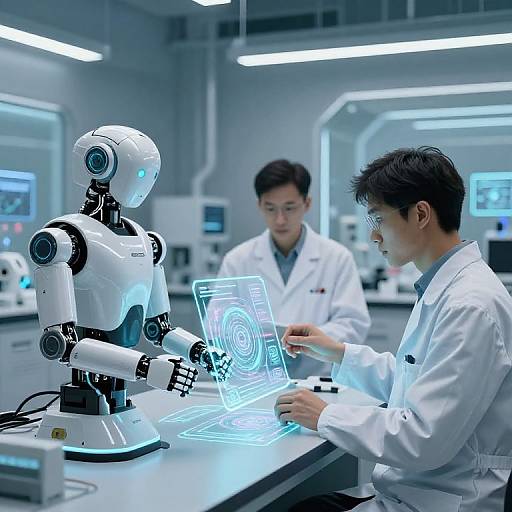 Photograph of two Asian male scientists in white lab coats interacting with a glowing blue holographic interface and a white humanoid robot in a futuristic laboratory.