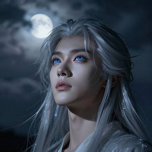 Digital artwork of a stunning, ethereal woman with long silver hair, glowing blue eyes, and fair skin, gazing up at a bright, moon