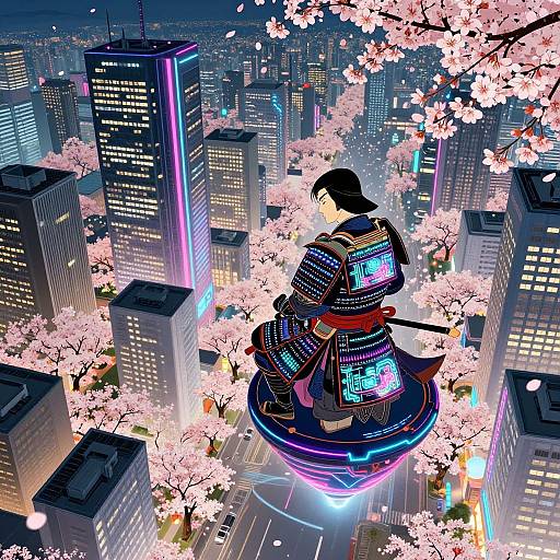 Digital anime artwork of a samurai in colorful kimono, sitting on a glowing platform above a neon-lit city with cherry blossoms. Nighttime