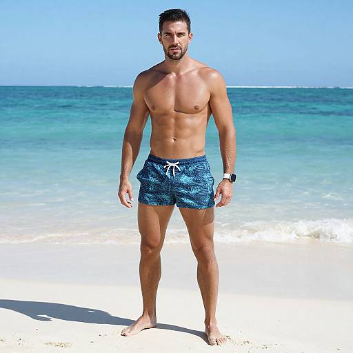 Confident Muscular Man on Tropical Beach