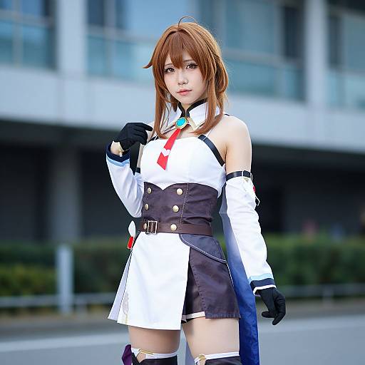 CGI anime-style photograph of a young woman with brown hair, wearing a white and navy blue military-inspired outfit, black gloves, and thigh-high socks