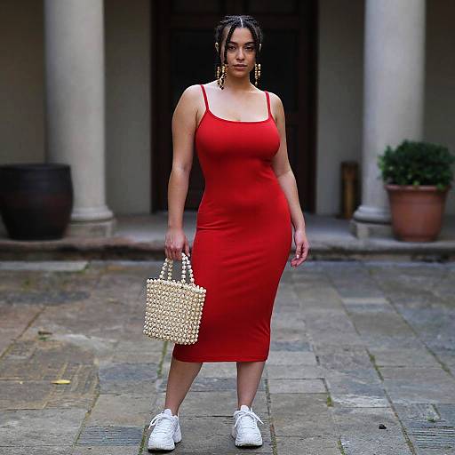 Curvy Woman in Red Midi Dress