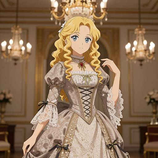 Digital anime-style illustration of a blonde woman with blue eyes, wearing a detailed, lace-trimmed, gray Victorian dress, standing in an elegant,