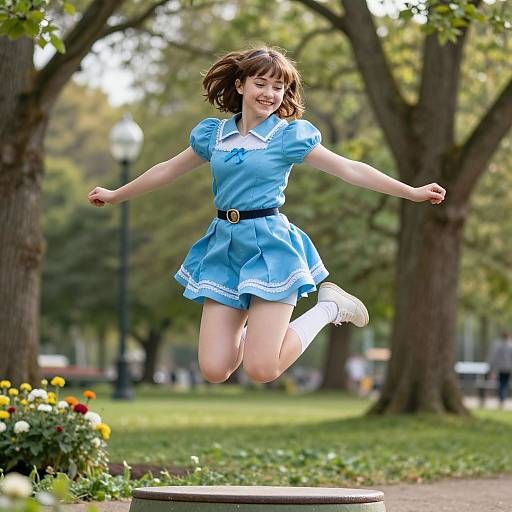 Photograph of a smiling young girl with brown hair, jumping joyfully in a blue puffed-sleeve dress, white socks, and white shoes