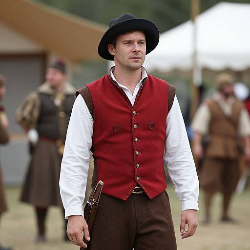 Photograph of a Caucasian man with light skin, wearing a black hat, red vest, white shirt, and brown pants, standing outdoors in a historical