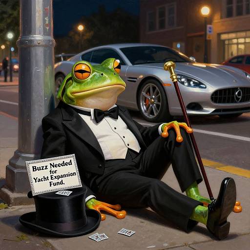 Photograph of a green frog in a tuxedo, top hat, cane, and bow tie, sitting on a city street with a Mercedes,