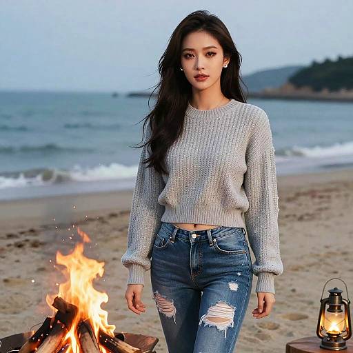 Athletic Woman by Beach Bonfire