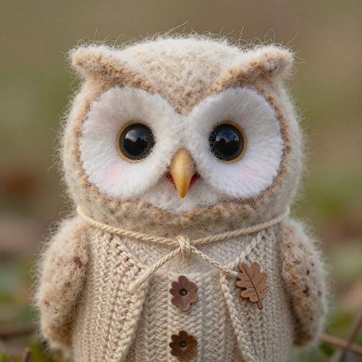 Photograph of a close-up, adorable, handmade woolen owl with large black eyes, beige and brown textured feathers, and a knitted beige body