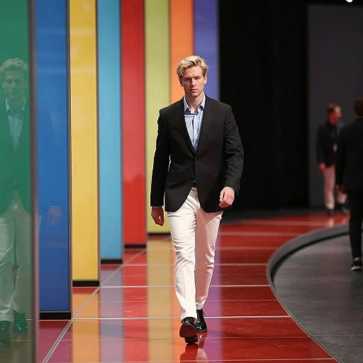 Blonde Man Walking on Red Curved Floor