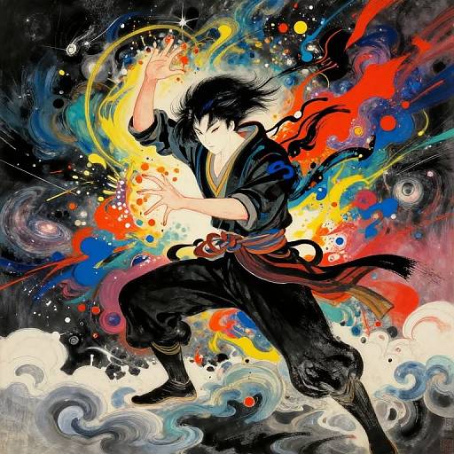 Digital anime-style illustration of a black-haired, martial artist in a dynamic pose, surrounded by vibrant, abstract, colorful energy blasts and swirling waves.