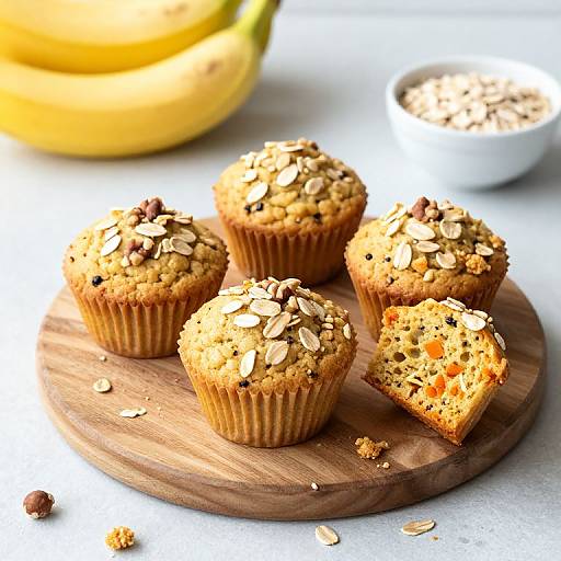 Golden Banana Oat Muffins on Rustic Board