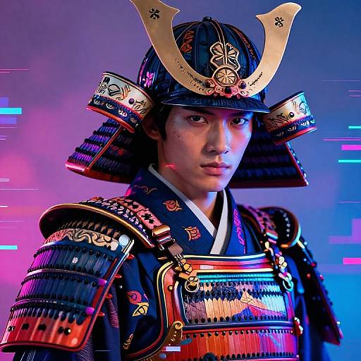 Photograph of a Japanese samurai in detailed, colorful armor with a prominent horned helmet, illuminated by blue and pink neon lights.