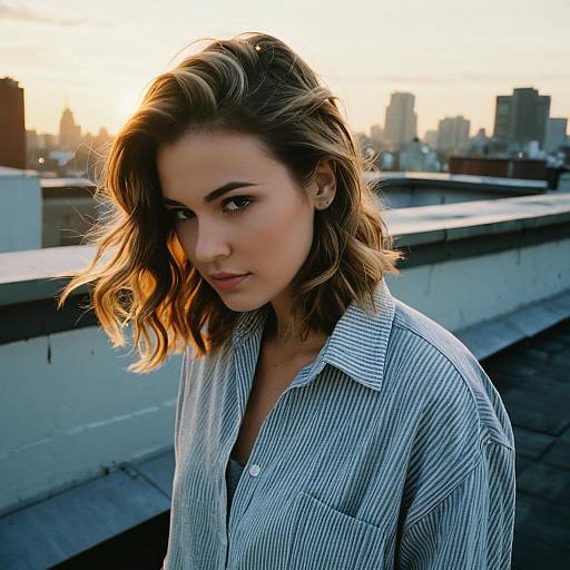 Woman with Soft Waves Hairstyle on Rooftop