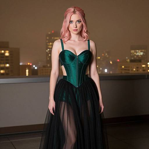 Photograph of a pink-haired woman with fair skin, wearing a green corset and black tulle skirt, standing on a nighttime rooftop with city lights