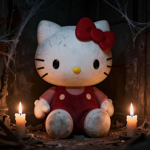 Photograph of a worn, cracked Hello Kitty doll with a red bow, seated in a dark, spider-webbed, candlelit setting.