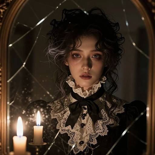 Dark Victorian portrait of a woman with curly hair, lace ruffled collar, and black dress, reflected in a cracked mirror, lit by candles.