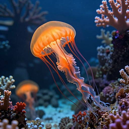 Glowing Jellyfish in Vibrant Coral
