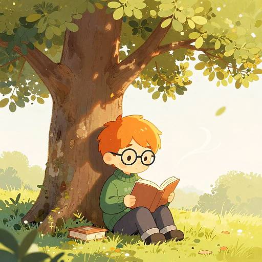 Digital drawing of a red-haired boy with glasses, wearing a green sweater, reading a book under a sunlit tree, with books on the grass.