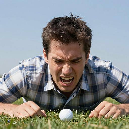Frustrated Man with Golf Ball on Grass