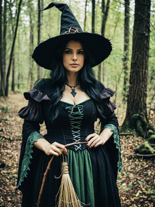 Woman in Woodland Witch Costume Holding Broomstick