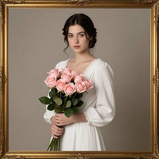 Photograph of a young woman with fair skin, dark curly hair, wearing a white lace dress, holding a bouquet of pink roses, framed in an
