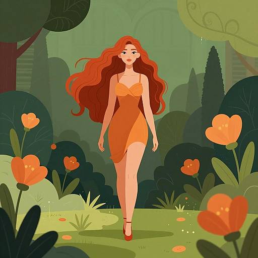 Woman with Red Hair in Ornate Garden