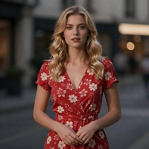 Blonde Woman in Red Floral Dress