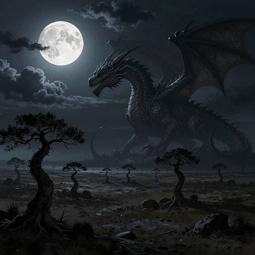 Moonlit Tundra with Giant Dragon