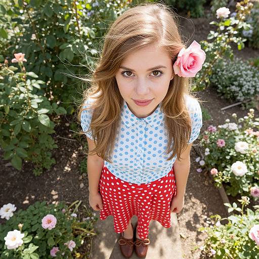 Photograph of a young girl with long brown hair, wearing a white polka-dot shirt, red polka-dot skirt, brown shoes, and a