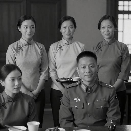 Black-and-White Portrait of Asian Family