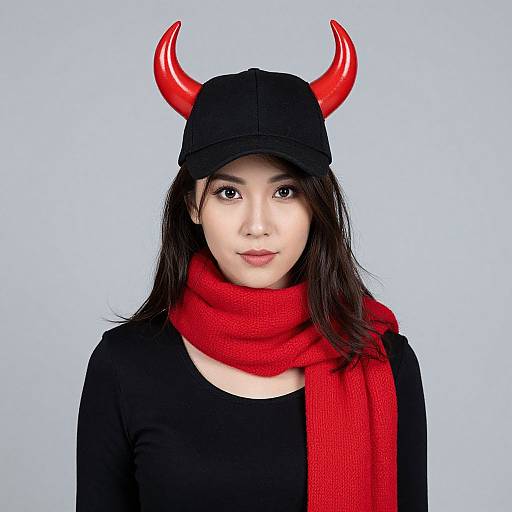 Photograph of an Asian woman with fair skin, black hair, wearing a black cap with red horns, black top, and red scarf, against a