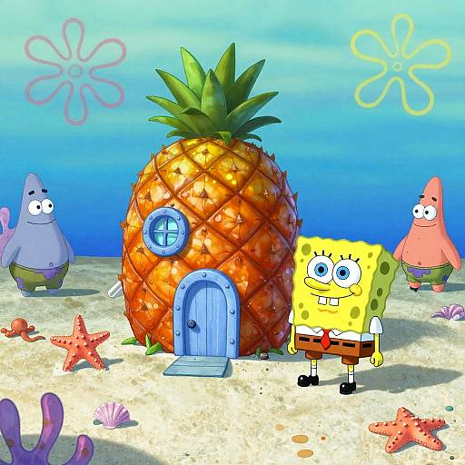Digital cartoon of SpongeBob's pineapple house on a sandy beach with starfish, jellyfish, and two fish characters, under a blue sky.