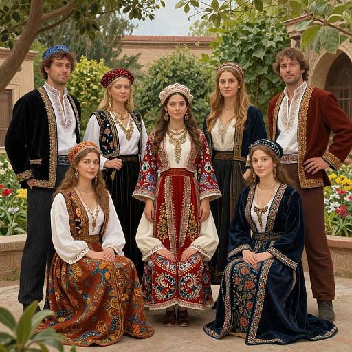 Photograph of six young people in elaborate, traditional Eastern European peasant clothing, standing and sitting in a lush garden.