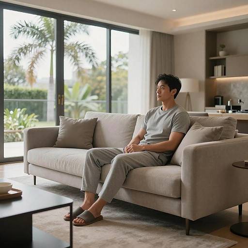 Man Sitting on Modern Couch in Living Room