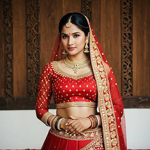 Indian Woman in Red and Gold Lehenga
