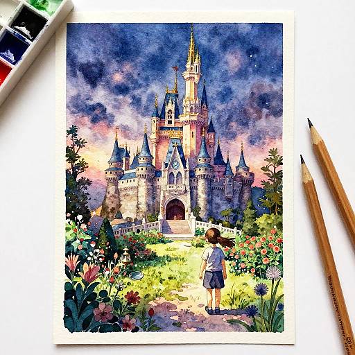 Watercolor painting of a young girl in a white shirt and blue skirt standing before a colorful, fairy-tale castle surrounded by vibrant flowers and greenery