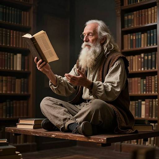 Elderly Scholar on Levitation Bookshelf