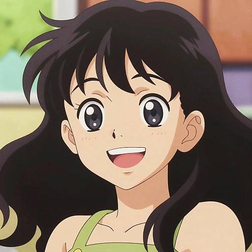 Anime-style digital drawing of a smiling girl with large, sparkling black eyes, long black hair, and fair skin, wearing a green tank top. Bright