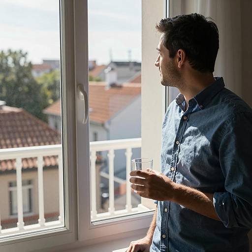 Man by Window with Sunlit Balcony View