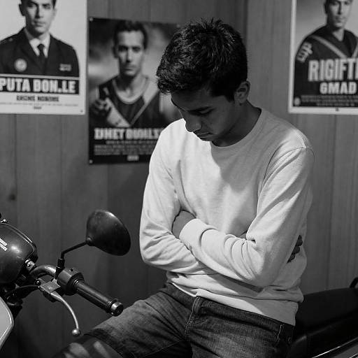 Young Man with Motorcycle in Cluttered Room