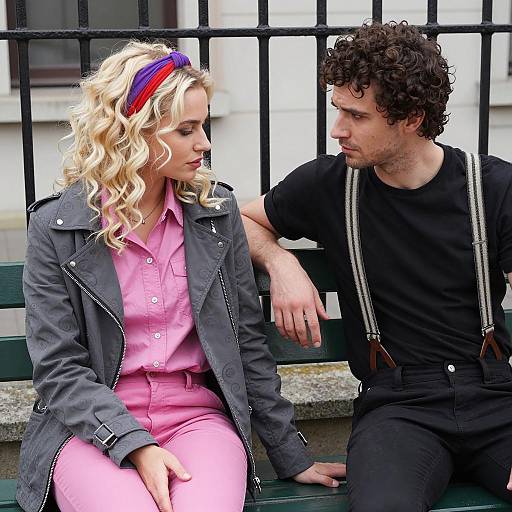 Young couple sitting on park bench outdoors