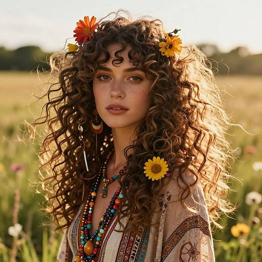 Photograph of a curly-haired, freckled woman with sunflowers in her hair, wearing colorful bead necklaces and a patterned top, standing