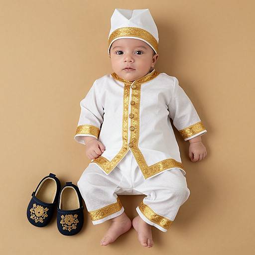 Photograph of an infant in white traditional attire with gold trim, matching hat, and black embroidered shoes, against a beige background.
