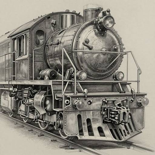 Black-and-white detailed ink drawing of an old steam locomotive, showcasing intricate mechanical parts, cylindrical boiler, and front headlight on railway tracks.